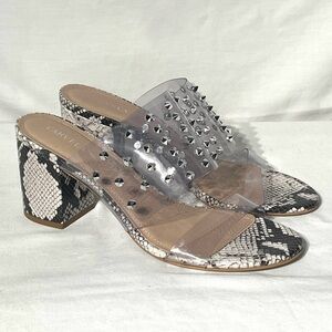 NEW Carvela Studded Clear & Snake Print Block Heel Slip On Sandals Retails $168